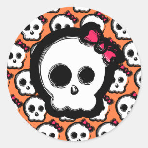 Cute skull with bow classic round sticker