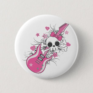 Cute Skull with Pink Guitar 6 Cm Round Badge