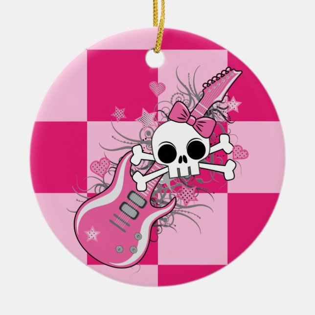Cute Skull with Pink Guitar Ceramic Ornament (Front)
