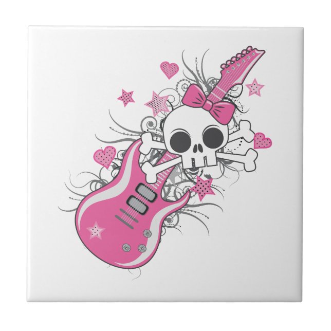 Cute Skull with Pink Guitar Ceramic Tile (Front)