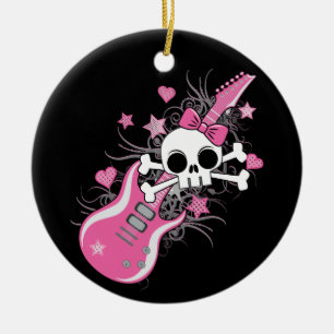 Cute Skull with Pink Guitar Ceramic Tree Decoration