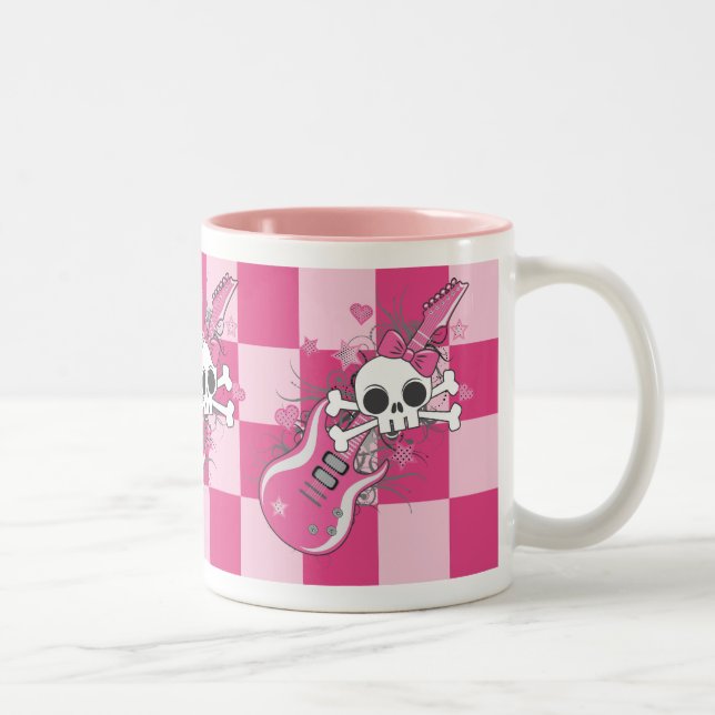 Cute Skull with Pink Guitar Two-Tone Coffee Mug (Right)