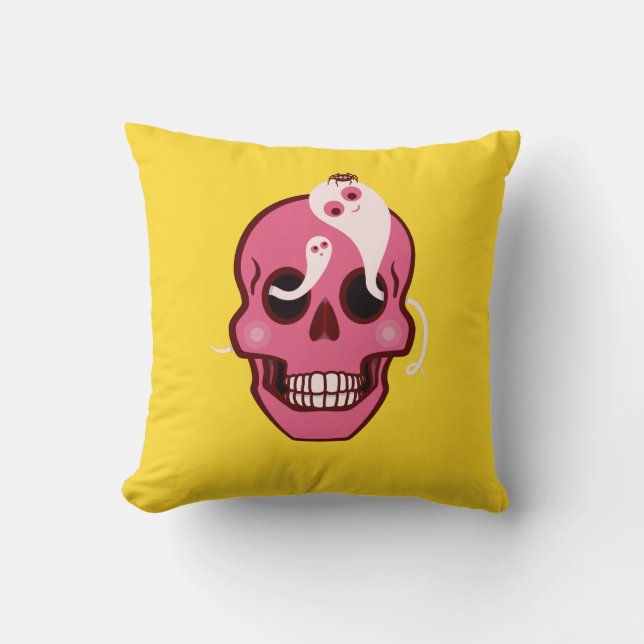 Cute Skull With Spider And Ghosts In Eye Sockets Cushion (Front)