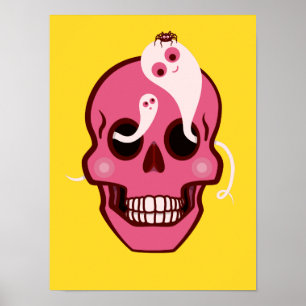 Cute Skull With Spider And Ghosts In Eye Sockets Poster