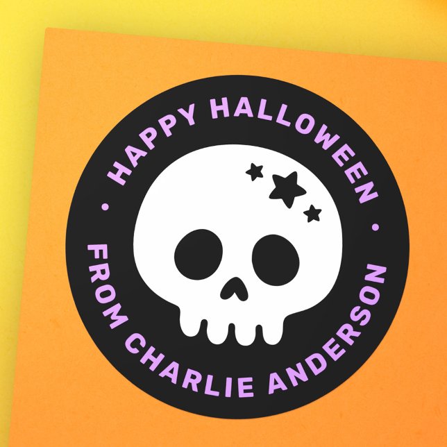 Cute skull with stars black purple Happy Halloween Classic Round Sticker (Cute skull with stars black purple Happy Halloween Classic Round Sticker)