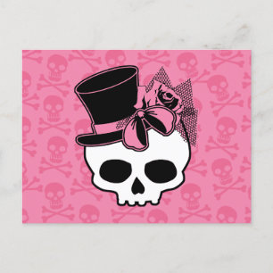 Cute Skull With Top Hat Rose Pink Bow Postcard