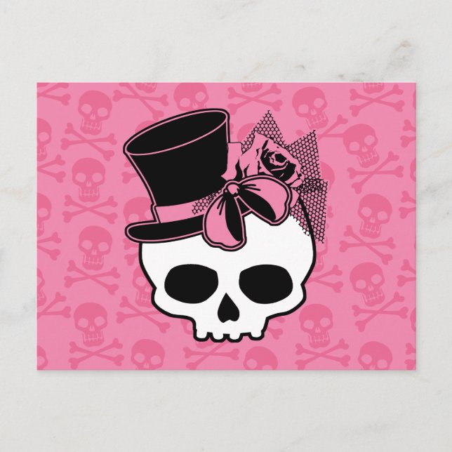 Cute Skull With Top Hat Rose Pink Bow Postcard (Front)