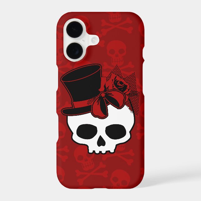 Cute Skull With Top Hat Rose Red Bow (Back)