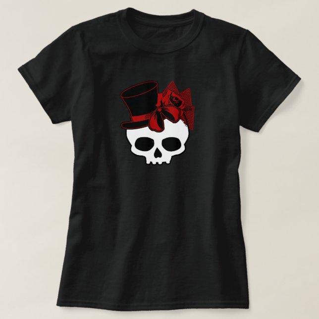 Cute Skull With Top Hat Rose Red Bow (Design Front)
