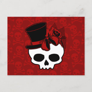 Cute Skull With Top Hat Rose Red Bow Postcard
