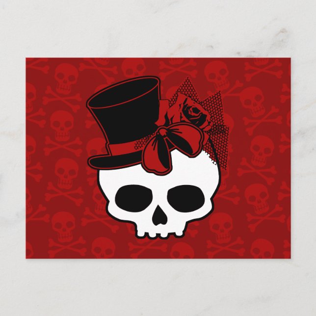 Cute Skull With Top Hat Rose Red Bow Postcard (Front)