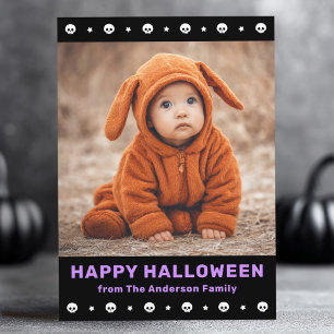 Cute skulls border and stars black Halloween photo Holiday Card