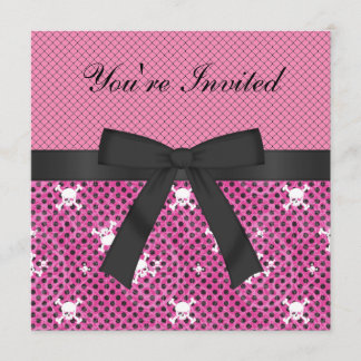 Cute Skulls & Polka Dots Pink Birthday Invites