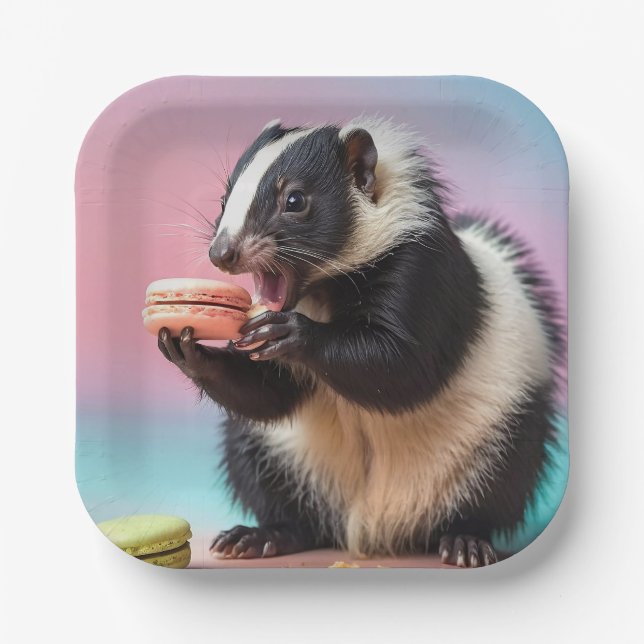 Cute Skunk Eating Colourful Macaroons  Paper Plate (Front)
