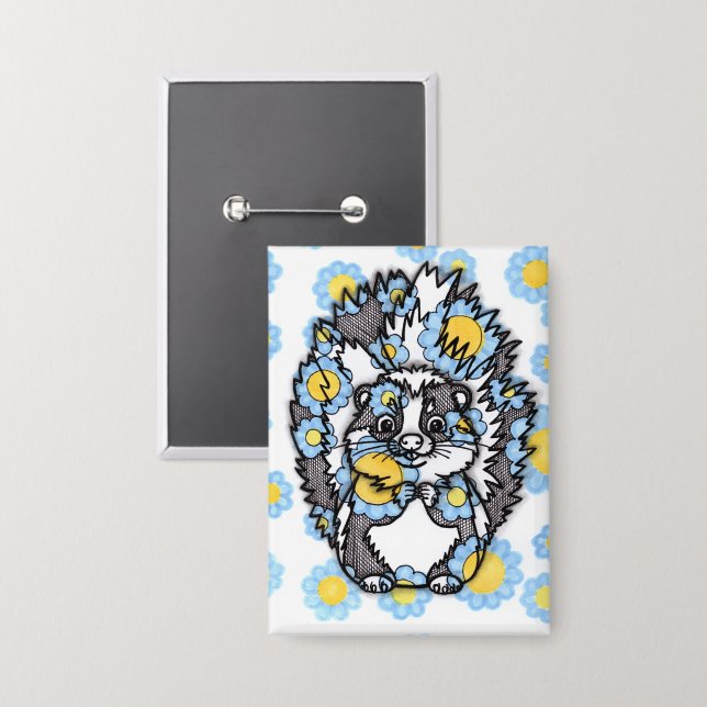 Cute Skunk with Blue Flowers Rectangle Pinback But (Front/Back)