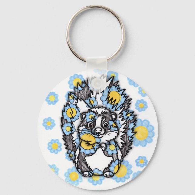 Cute Skunk with Blue Flowers Round Keychain (Front)