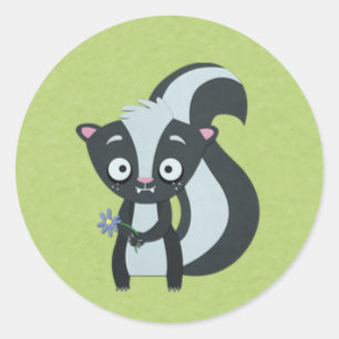Cute Skunk with Flower on Green Classic Round Sticker