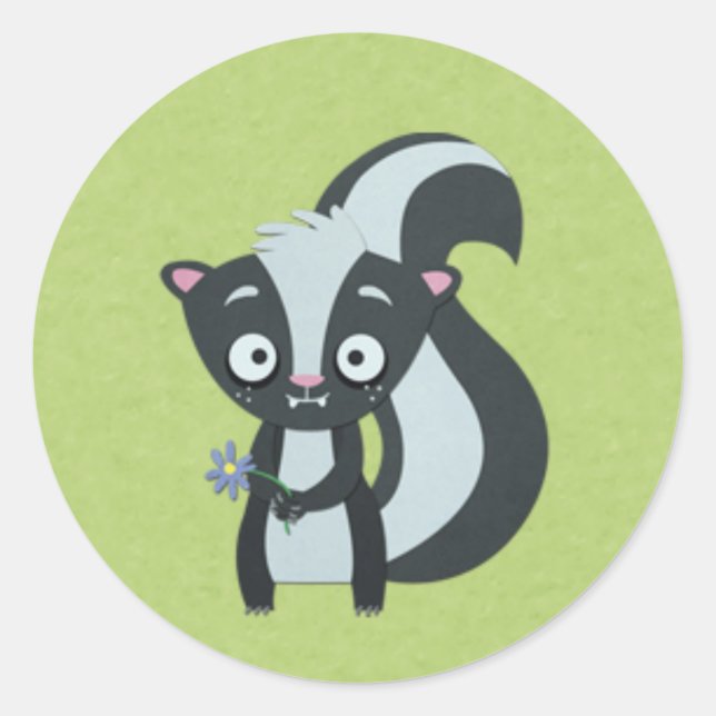 Cute Skunk with Flower on Green Classic Round Sticker (Front)