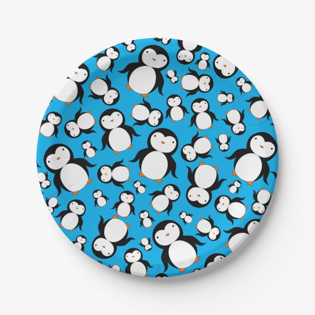 Cute sky blue penguin pattern paper plate (Front)