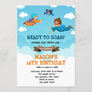Cute skydiving fly birthday party invitation