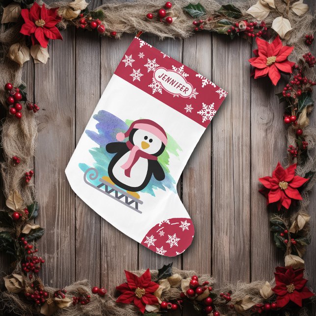 Cute Sled Penguin Pink Large Christmas Stocking (Creator Uploaded)