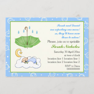 Cute sleeping baby boy sprinkle blue and green invitation