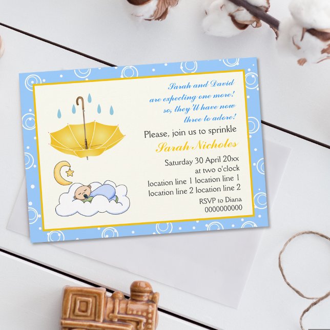 Cute sleeping baby boy sprinkle blue and yellow invitation (Creator Uploaded)