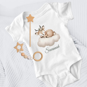 Cute Sleeping Baby Deer on the Cloud Girly Baby Bodysuit
