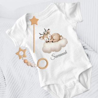 Cute Sleeping Baby Deer on the Cloud Girly Baby Bodysuit