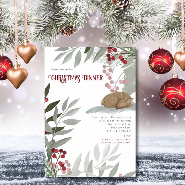 Cute Sleeping Baby Deer Red Berries Grey Foliage Foil Card (Creator Uploaded)