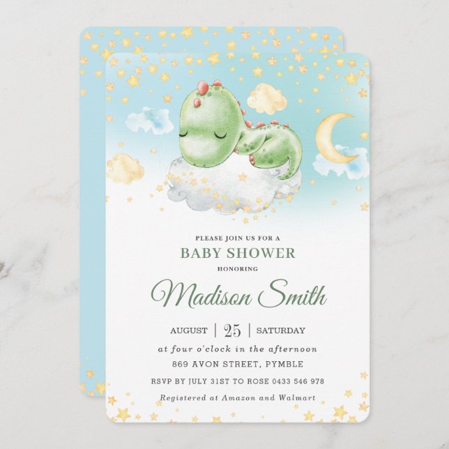 Cute Sleeping Baby Dinosaur Boy Baby Shower   Invitation (Front/Back)