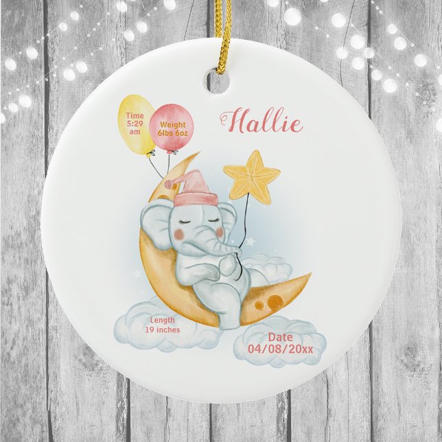 Cute Sleeping Baby Elephant Birth Stats Ceramic Ornament (Creator Uploaded)