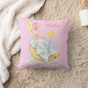 Cute Sleeping Baby Elephant Birth Stats Pink Cushion