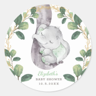 Cute Sleeping Baby Elephant Greenery Gold Shower Classic Round Sticker