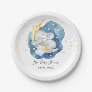 Cute Sleeping Baby Elephant Moon Star Boy Shower Paper Plate