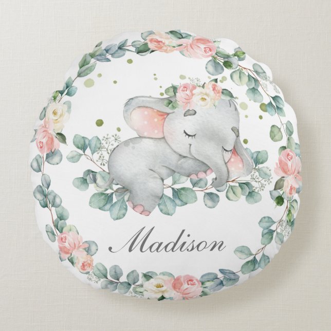 Cute Sleeping Baby Elephant Pink Floral Greenery Round Cushion (Front)