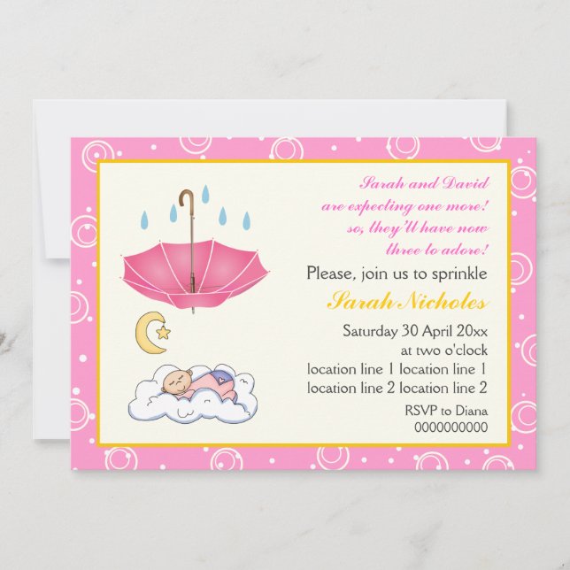 Cute sleeping baby girl sprinkle pink and yellow invitation (Front)