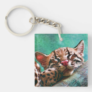 Cute Sleeping Baby Ocelot Kitten Key Ring