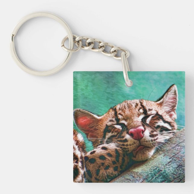 Cute Sleeping Baby Ocelot Kitten Key Ring (Front)