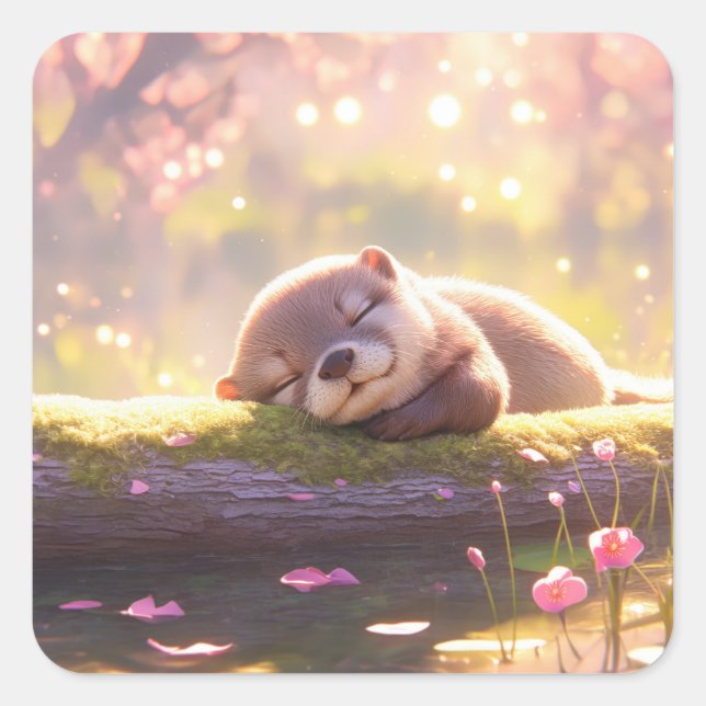 Cute Sleeping Baby Otter on Mossy Log Square Sticker (Front)