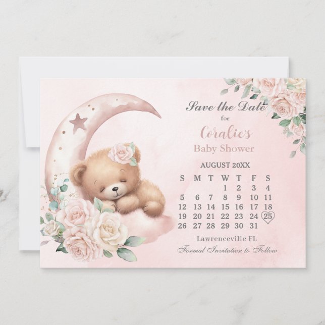 Cute Sleeping Bear Moon Blush Floral Baby Shower Save The Date (Front)