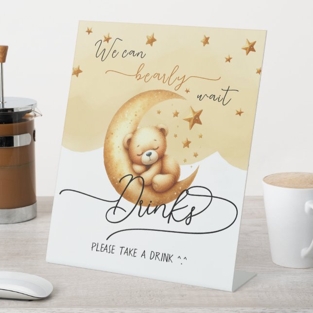 Cute Sleeping Bear On Moon Baby Shower Drinks Pedestal Sign (In SItu)