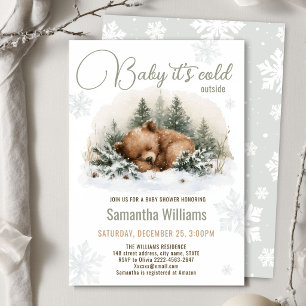 Cute Sleeping Bear Winter Snowflake Baby Shower Invitation