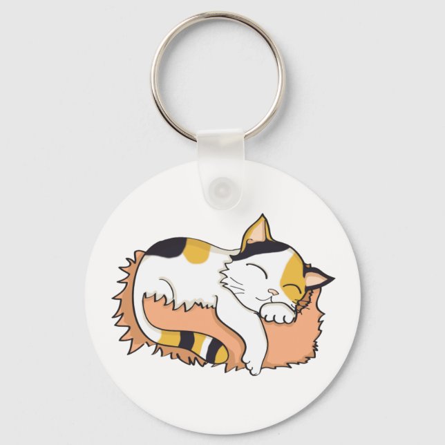 Cute Sleeping Calico Cat Key Ring (Front)
