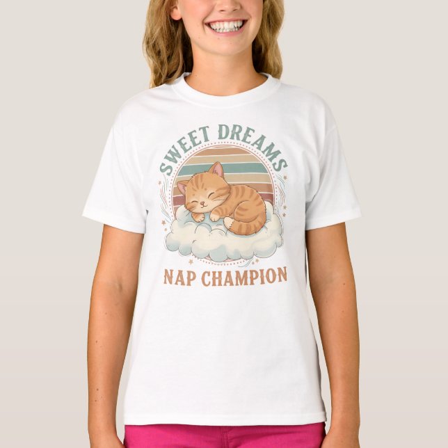 Cute Sleeping Cat Design T-Shirt (Front)