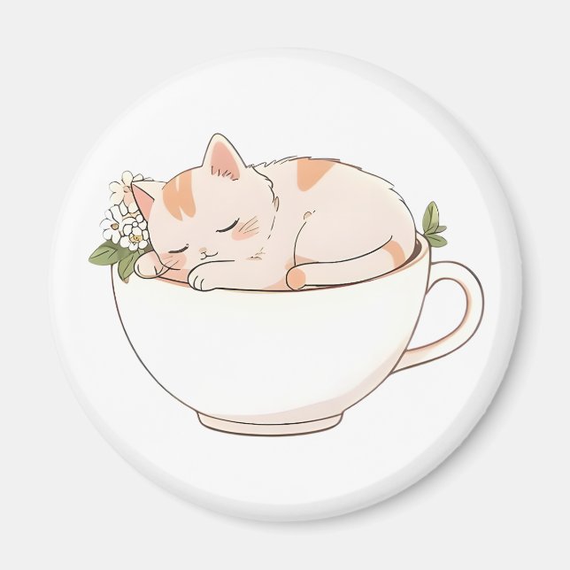 Cute Sleeping Cat in Teacup Kawaii Design Magnet (Front)