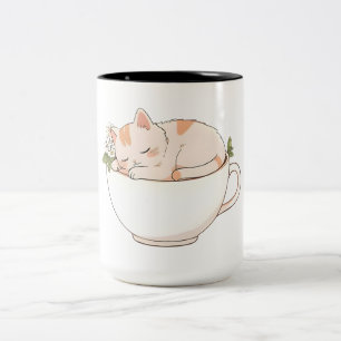 Cute Sleeping Cat in Teacup Kawaii Design Two-Tone Coffee Mug