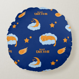 Cute sleeping cat on a cloud, sweet dreams round cushion