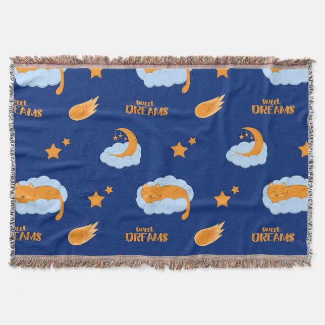 Cute sleeping cat on a cloud, sweet dreams throw blanket (Front)