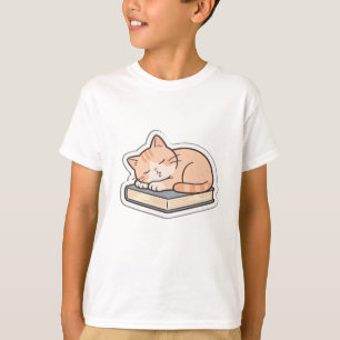 Cute Sleeping Cat on Books Kids T-Shirt